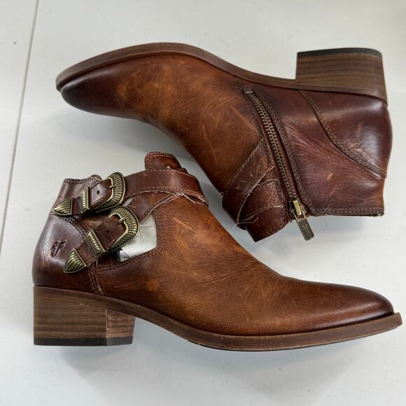 Frye Ray Women's 7.4 Brown Leather Western Boots Buckle Block Heel Ankle - Picture 6 of 8